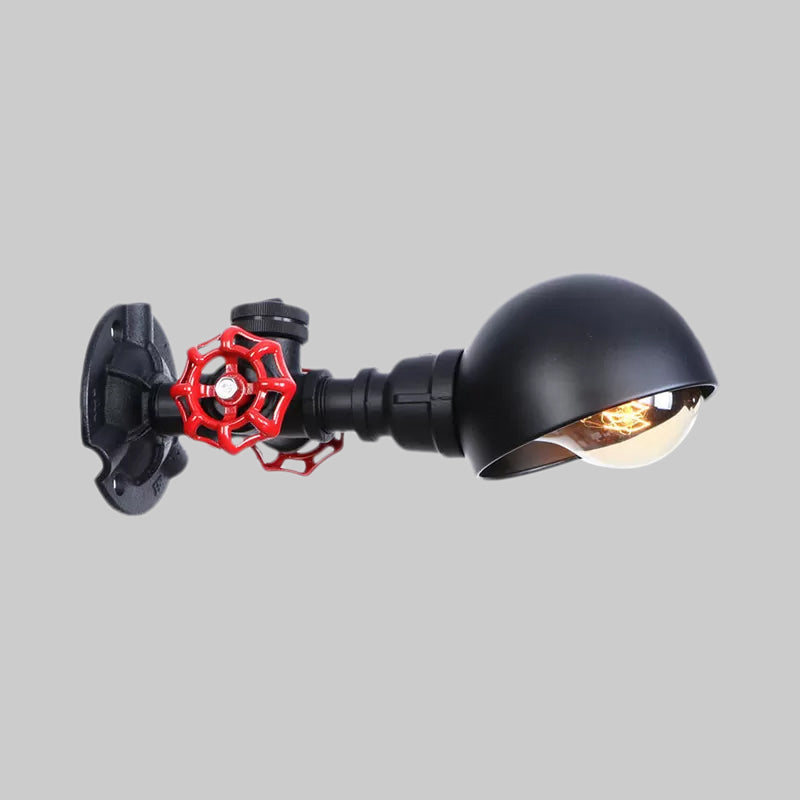 Industrial Half Globe Wall Lamp With Red Valve Decoration In Black - 1 Light Metal Sconce
