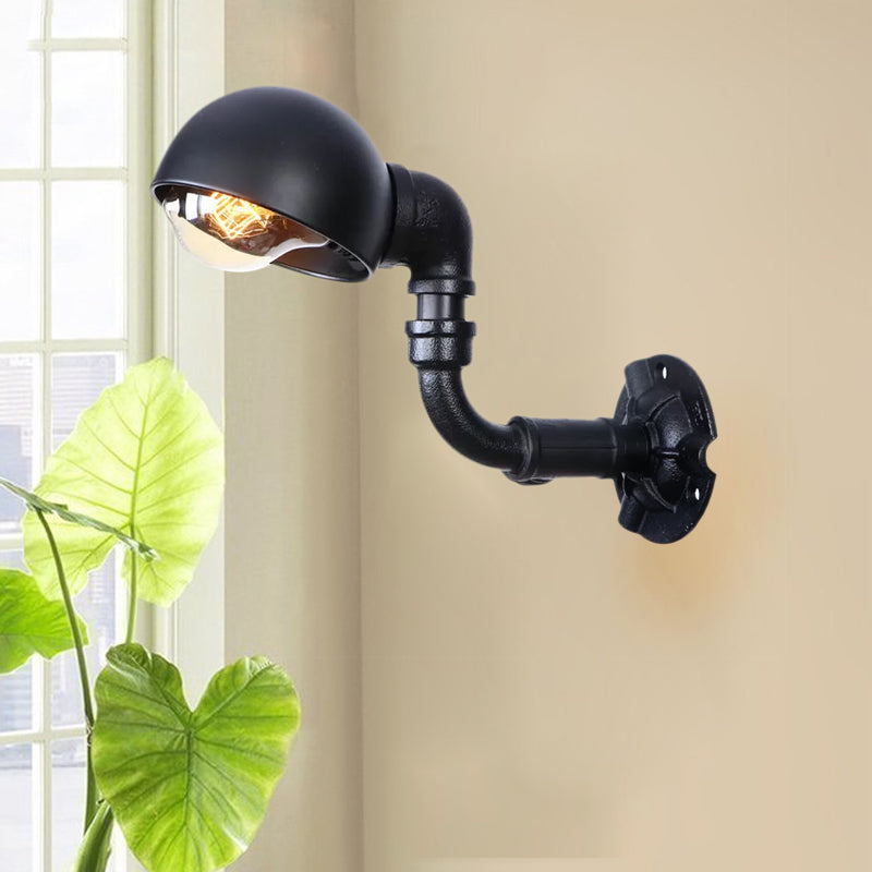 Vintage Bowl Shade Sconce Wall Light - Metallic 1-Light Lamp In Black With Pipe