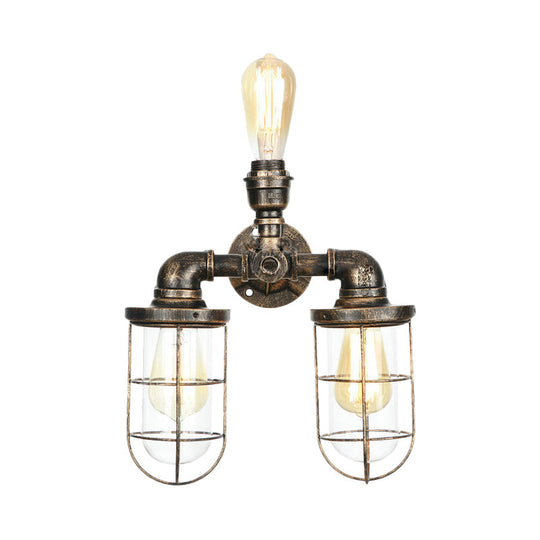 Vintage Nautical Style Wall Sconce With Cage Shade - 3 Heads Water Pipe Mount Antique Brass Finish