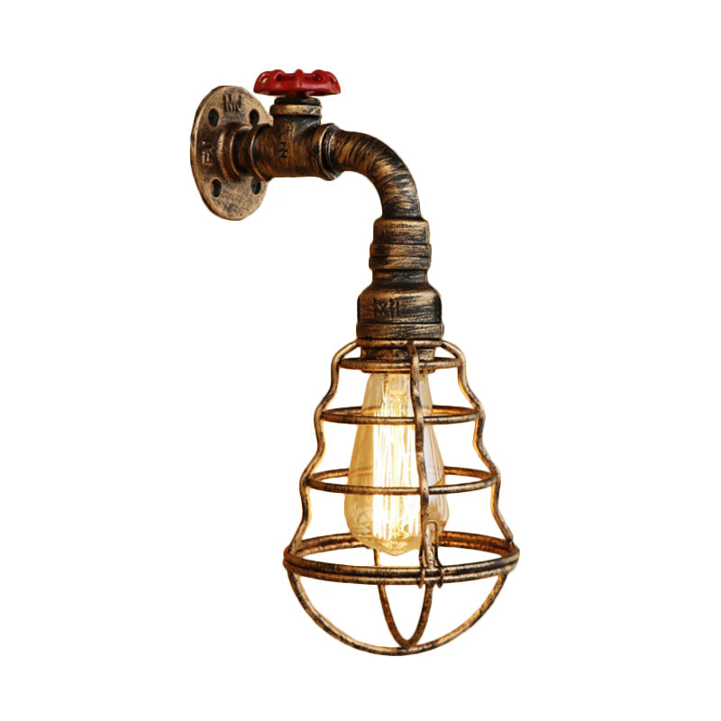 Farmhouse Style Aged Bronze Iron Wall Sconce: Head Cage Bulb Shaped Lamp With Valve Wheel