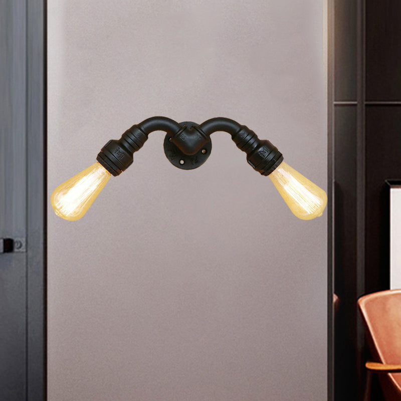 Metallic Black Vintage Bare Bulb Wall Sconce With Pipe Design - 2 Head Indoor Lamp