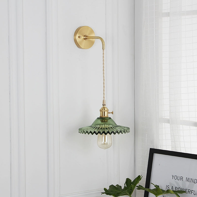 Scalloped Wall Sconce: Green Glass Industrial Light Fixture In Brass For Living Room