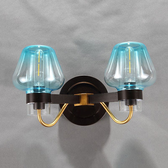 Modern Mushroom Blue Glass Wall Mounted Bedroom Sconce Light With 2 Bulbs In Black