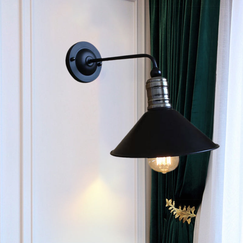Vintage Style Metallic Conical Wall Sconce Light With Curved Arm In Black - Perfect For Bedroom