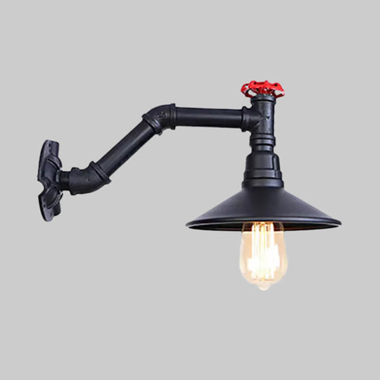 Vintage Industrial Black Metal Wall Lamp Sconce - 1 Head Pipe Light Cone Shade & Valve