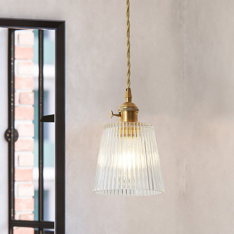 Modern Cone Hanging Ceiling Light - 1 Ribbed Glass Pendant In Brass Clear / A
