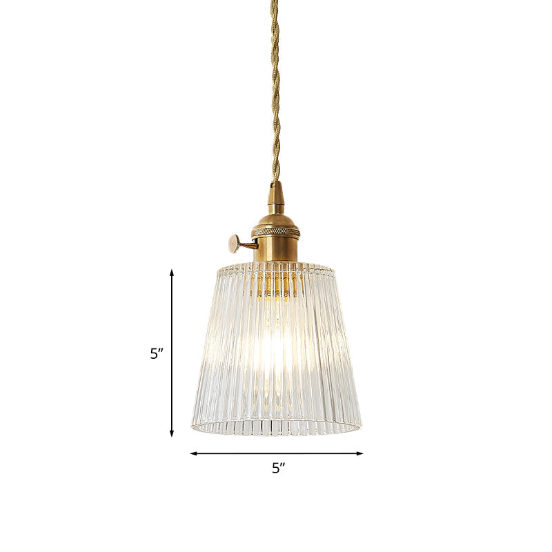 Modern Cone Hanging Ceiling Light - 1 Ribbed Glass Pendant In Brass