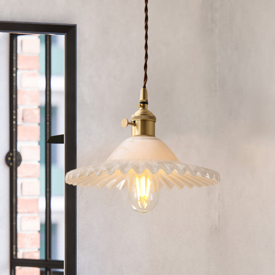 One Light Scalloped Pendant Lighting Fixture Industrial Brass White Glass Hanging Ceiling Light