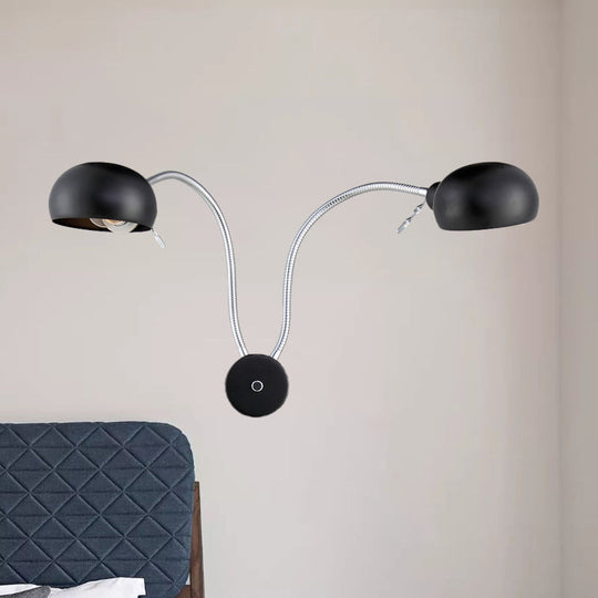 Industrial Style Double Domed Metal Wall Sconce - 2-Light Bedroom Fixture With Flexible Arm