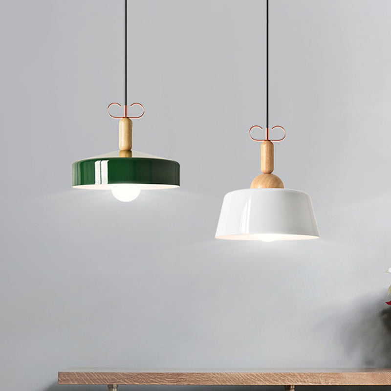 Wooden Pendant Lamp with Modern Barn/Cone Shade in White/Green for Kitchen