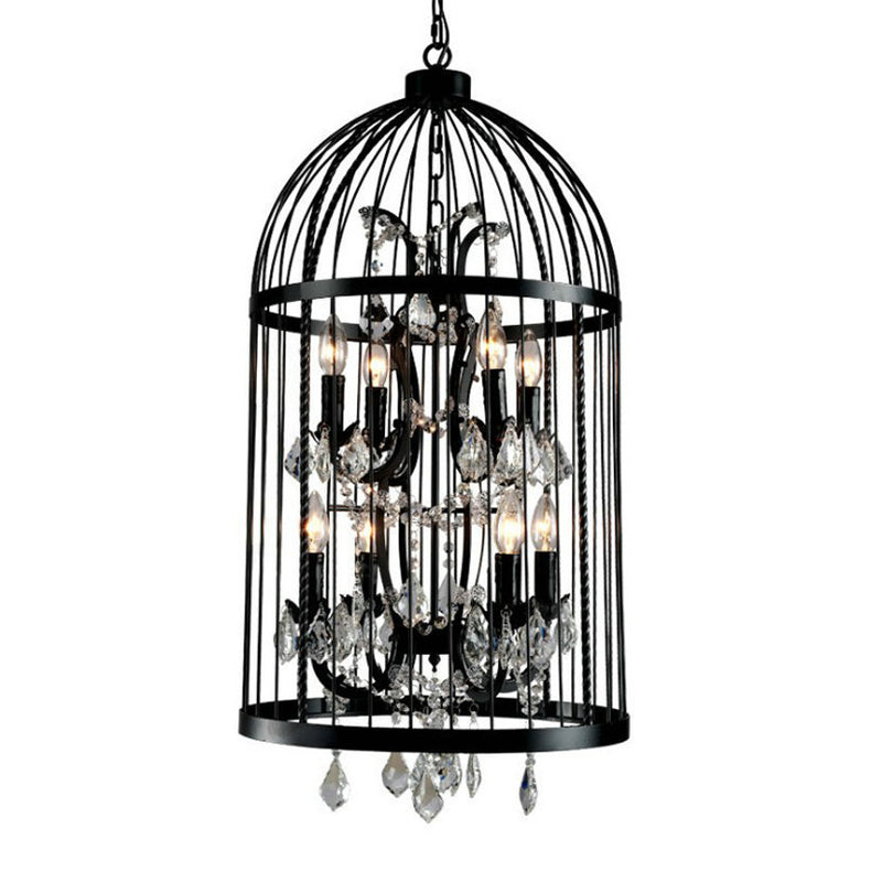 Vintage Industrial Black Metal Pendant Light with Crystal Deco - Multi Light Birdcage Hanging Design