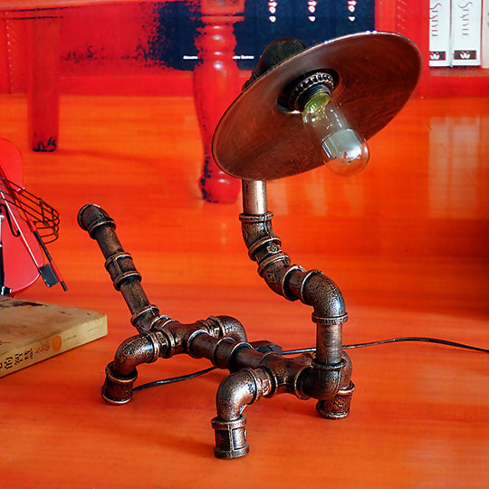 Rustic Wrought Iron Dog Shaped Table Lamp With Industrial Pipe Design - 1 Light Flat Shade Perfect