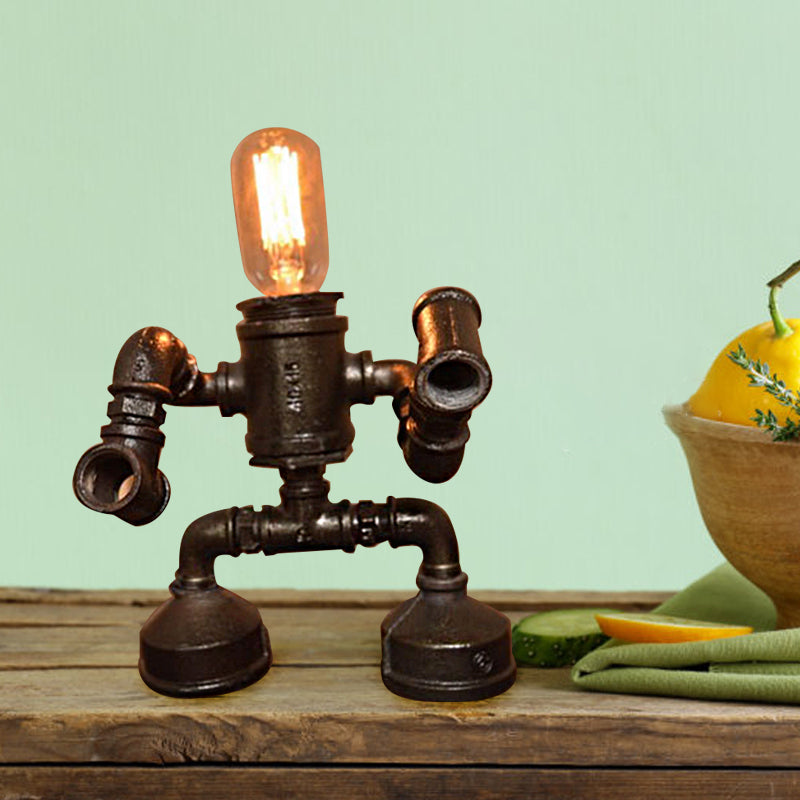 Steampunk Metal Robot Table Lamp With Exposed Bulb - Black 1-Light Restaurant Light