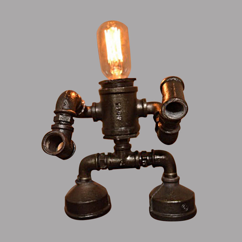 Steampunk Metal Robot Table Lamp With Exposed Bulb - Black 1-Light Restaurant Light