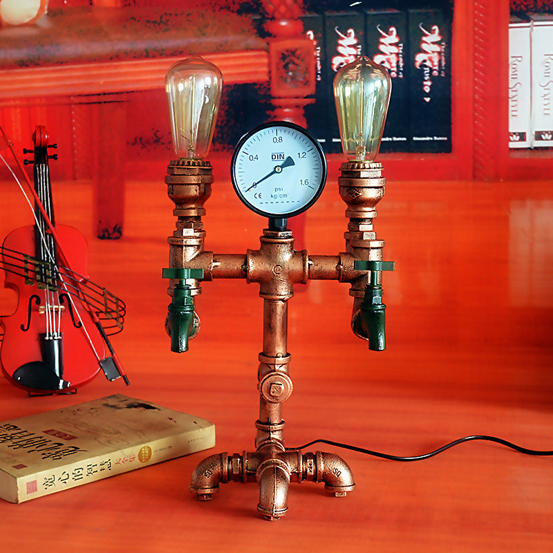 Industrial Rust Wrought Iron Table Lamp With Gauge And Faucet Decoration 2 Lights