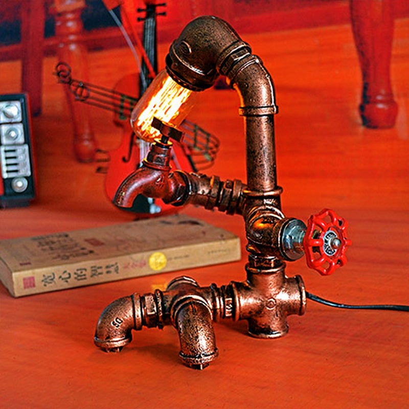 Rustic Wrought Iron Pipe Table Lamp With Open Bulb For Farmhouse Bedroom Lighting Rust