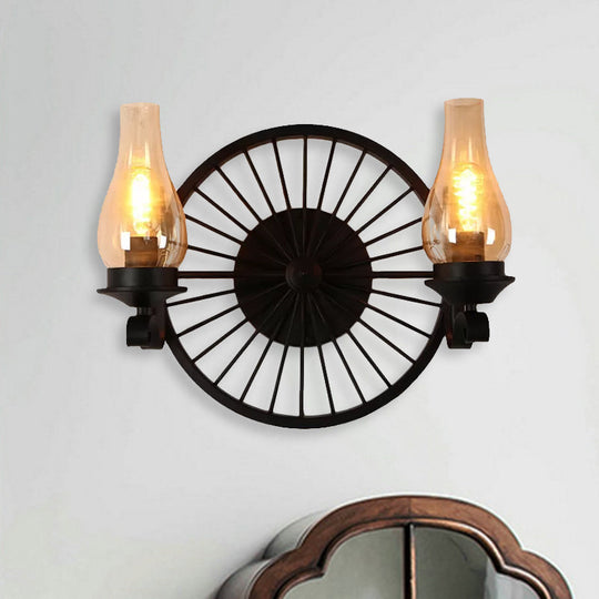 Rustic Outdoor Wall Sconce Lighting Fixture: Clear Glass Vase Shade 2-Bulb Design With Wheel