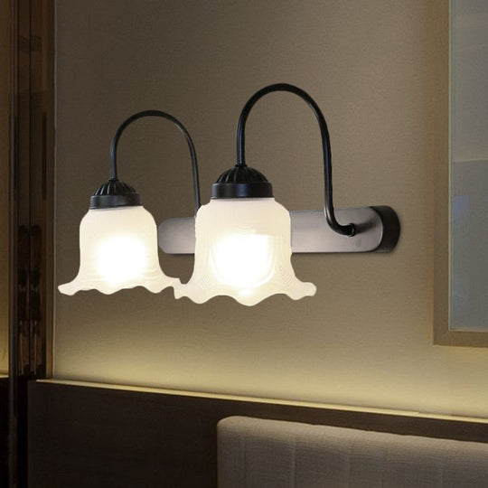 Scalloped Industrial Wall Sconce Light: White Glass & Black Finish 2-Light Fixture For Living Room
