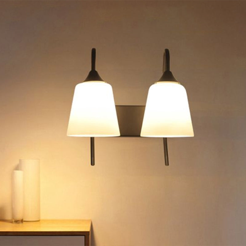 Industrial Black Tapered Wall Lamp With Frosted Glass Sconce - 2-Bulb Light Fixture For Bedroom