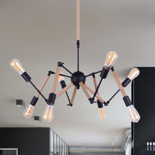 Lodge Style Open Bulb Chandelier: Adjustable 6/8-Head Wood And Metal Ceiling Light Fixture