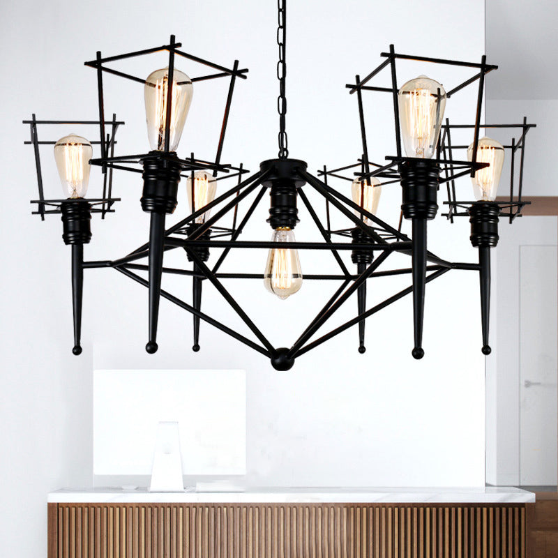 Industrial Black Iron Pendant Lighting - Squared Cage Style For Restaurants