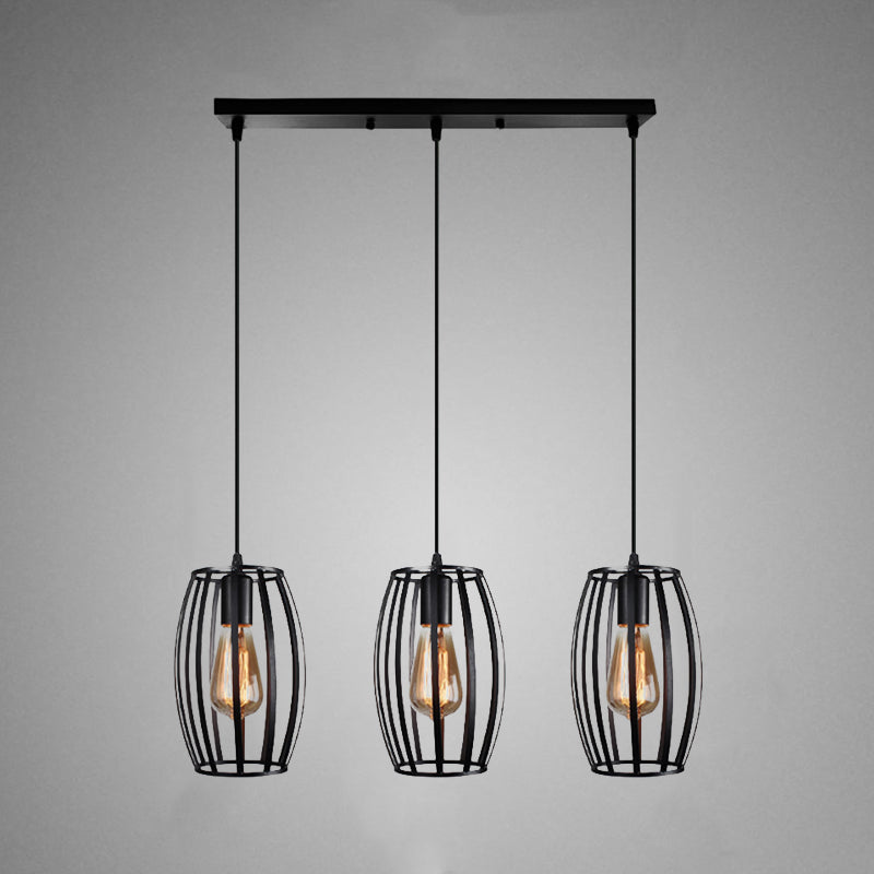 Modern Oval Pendant Light with Cage Shade - Black/White, 3 Lights, Indoor Hanging Ceiling Fixture