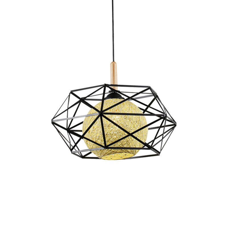 Industrial Faceted Cage Metal Pendant Light With Globe Rattan Shade - Foyer And Dining Room Lighting