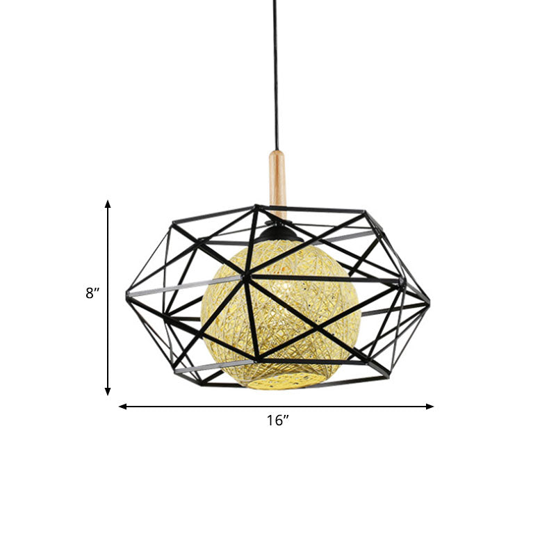 Industrial Faceted Cage Metal Pendant Light With Globe Rattan Shade - Foyer And Dining Room Lighting