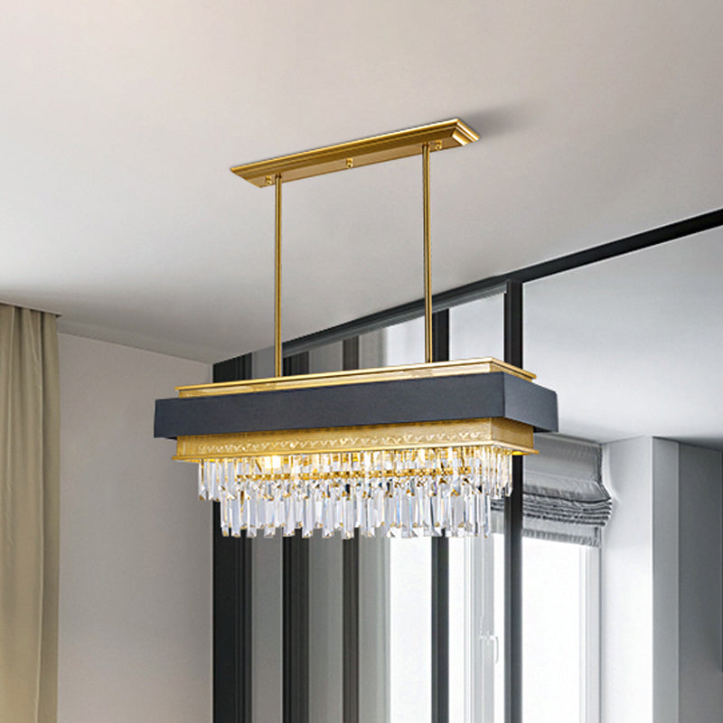 Modern Black/Gold 5-Head Rectangular Hanging Light With Clear Crystal Prisms - Island Lamp