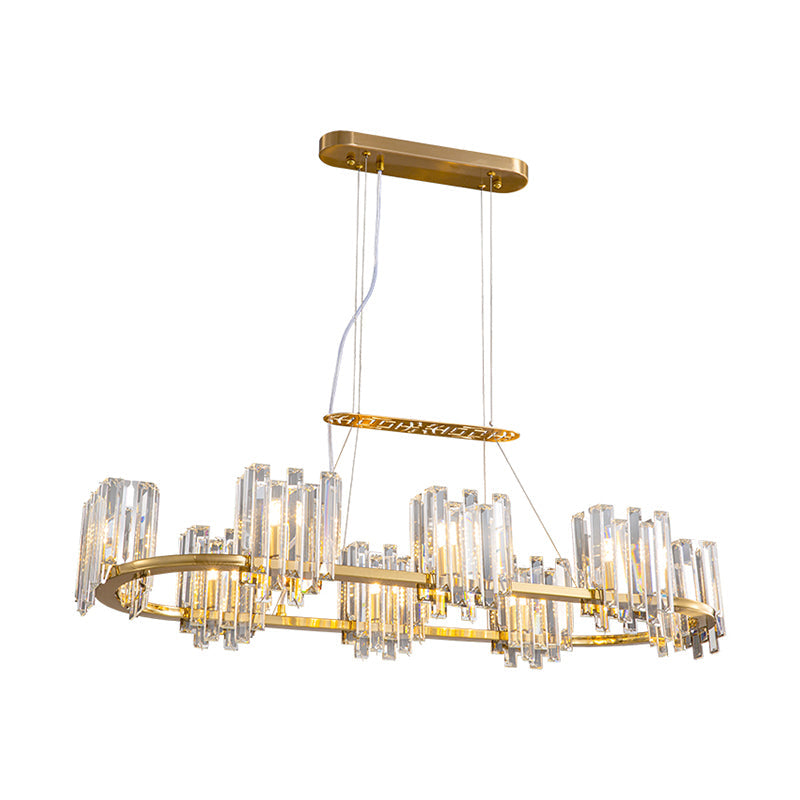 Modern Gold Ceiling Pendant Lamp With Clear Crystal Icicle Shade 8 Bulbs Oval Design