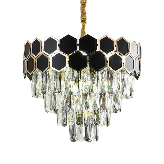 Contemporary Tapered Chandelier Lamp with 9 Bulbs, Black Finish & Clear Glass Drops