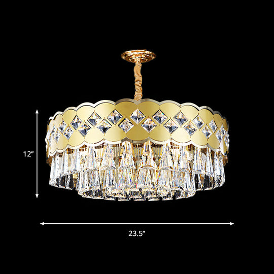 Modern 9-Head Drum Chandelier with Gold Finish, Clear Crystal Drops - Great Room Pendant Lighting, 19.5"/23.5" Width