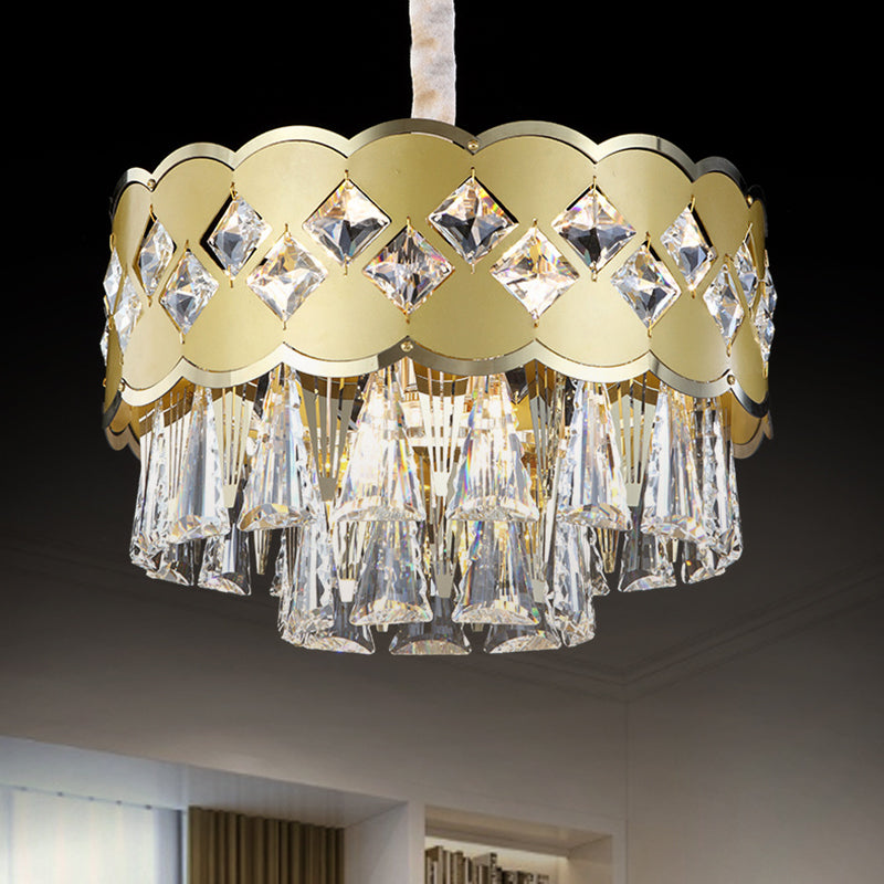 Modern Gold Finish Drum Chandelier With Clear Crystal Drops - 9 Heads Great Room Pendant Lighting