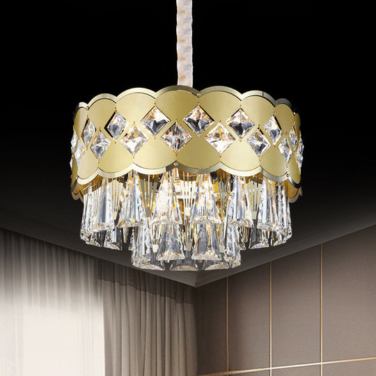 Modern 9-Head Drum Chandelier with Gold Finish, Clear Crystal Drops - Great Room Pendant Lighting, 19.5"/23.5" Width