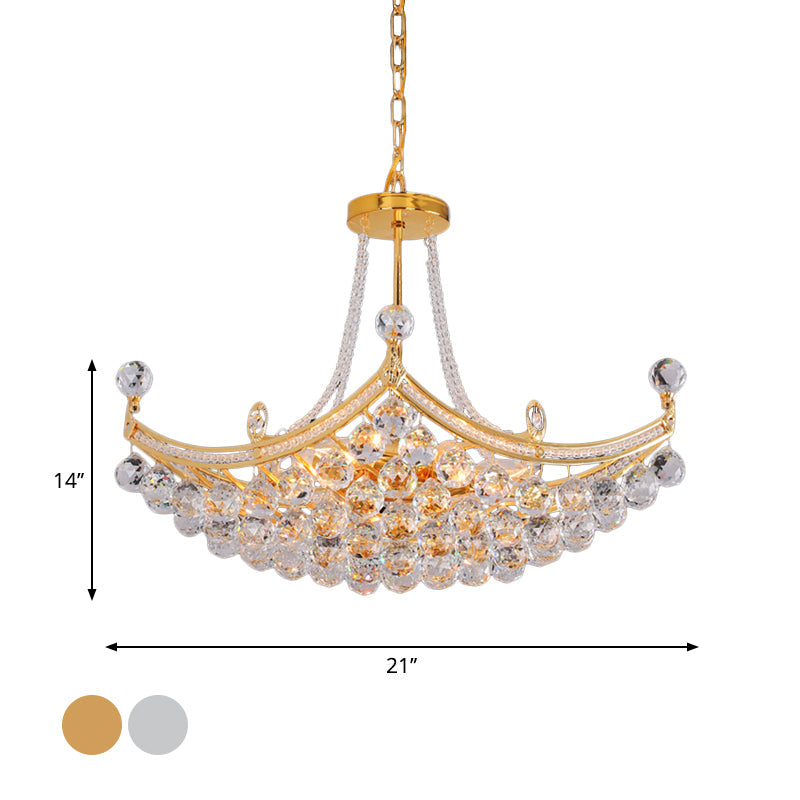Contemporary Chrome/Gold Cornice Frame Pendant Chandelier with 6 Bulbs and Clear Crystal Balls