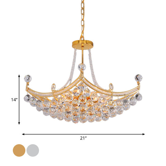 Contemporary Chrome/Gold Clear Crystal Balls Hanging Chandelier - 6-Bulb Cornice Frame Pendant