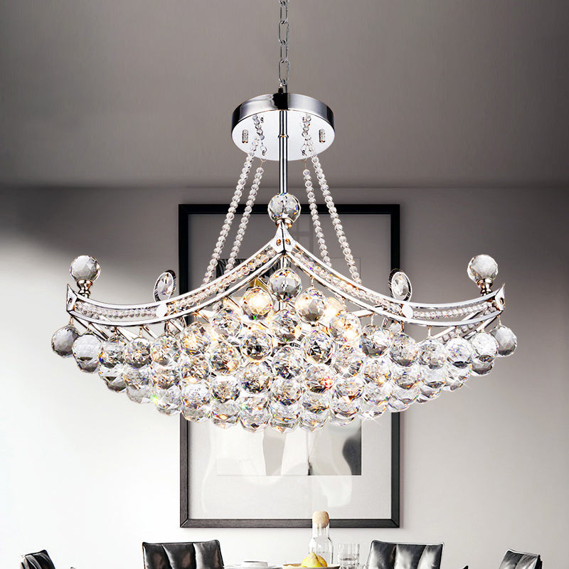 Contemporary Chrome/Gold Clear Crystal Balls Hanging Chandelier - 6-Bulb Cornice Frame Pendant