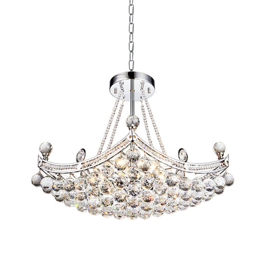 Contemporary Chrome/Gold Cornice Frame Pendant Chandelier with 6 Bulbs and Clear Crystal Balls