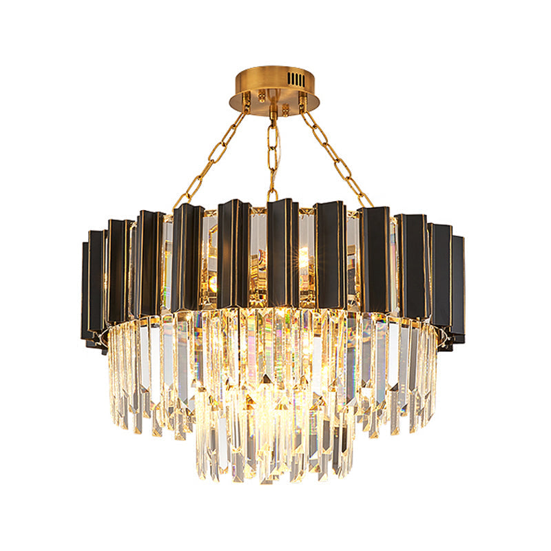 Modern Black Finish Tapered Bedroom Chandelier with Clear Crystal Prisms - 9 Heads Hanging Lamp Kit