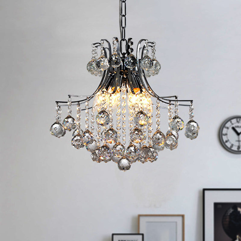 Contemporary 6-Head Pendant Chandelier: Swirled Arm Clear Crystal Orbs In Chrome