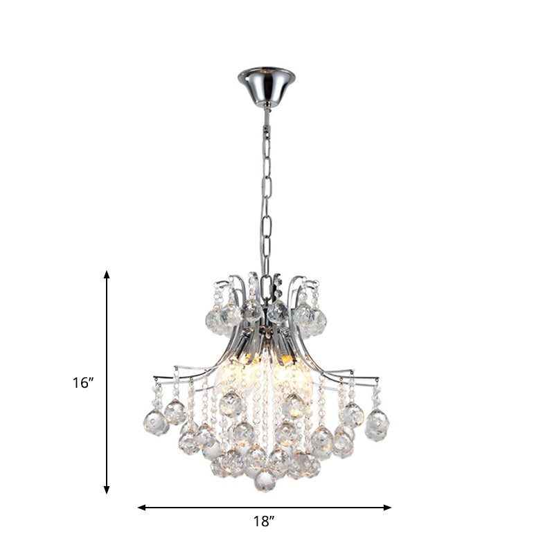 Contemporary 6-Head Pendant Chandelier: Swirled Arm Clear Crystal Orbs In Chrome