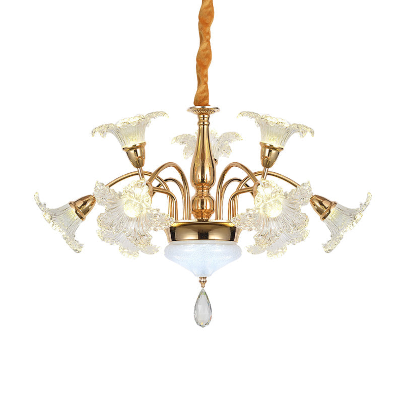 Gold 7/10 Bulbs Ceiling Light - Modern Clear Crystal Floral Shade Chandelier