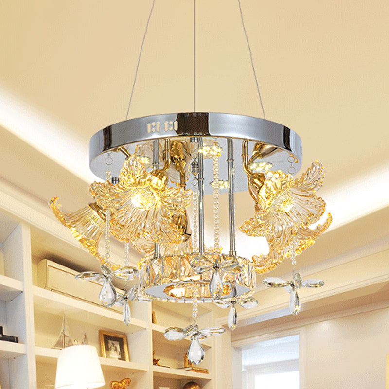 Modern Led Crystal Chandelier Lamp For Dining Room - Amber Flower Pendant Lighting