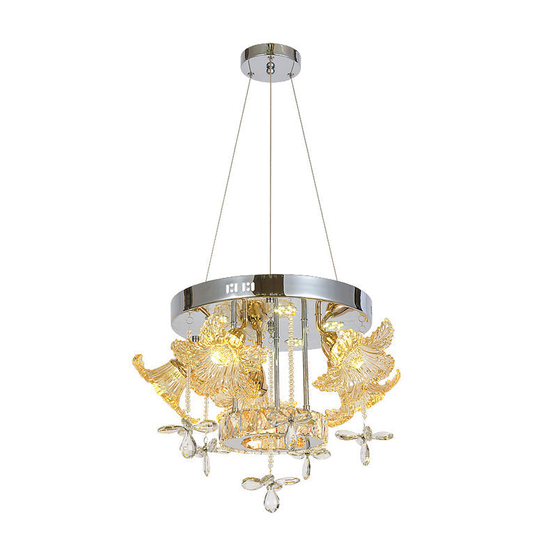 Modern Led Crystal Chandelier Lamp For Dining Room - Amber Flower Pendant Lighting