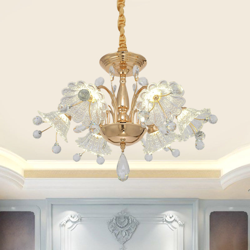 Modern Gold Finish Chandelier Lamp With Curved Arm Crystal Flower Shade - 6 Bulbs