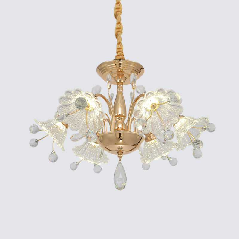 Modern Gold Finish Chandelier Lamp With Curved Arm Crystal Flower Shade - 6 Bulbs