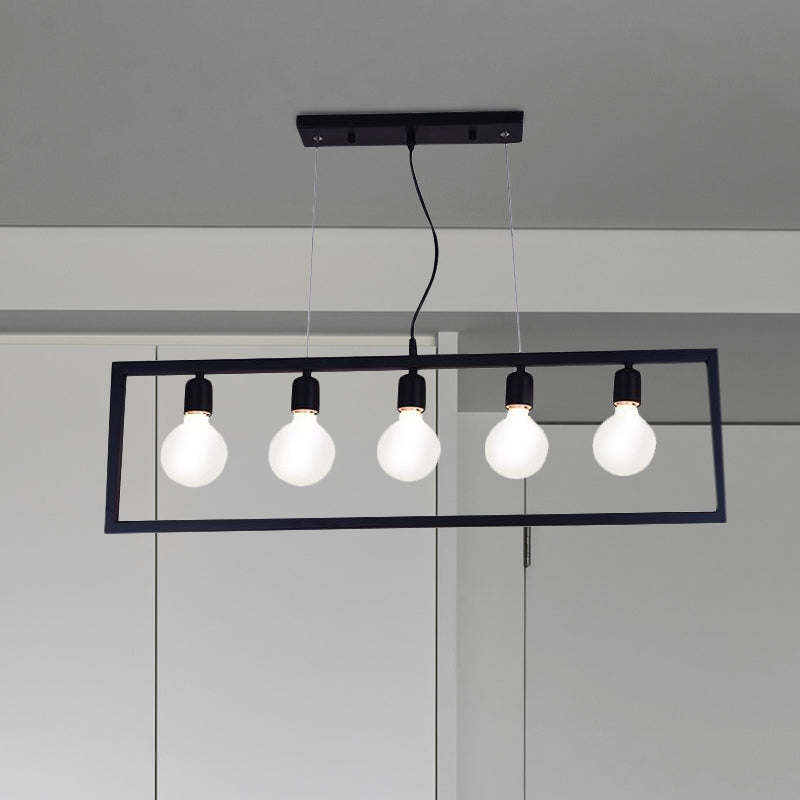 Industrial Style Rectangular Pendant Light With Black Metal Frame - 3/5 Lights Ceiling Hanging