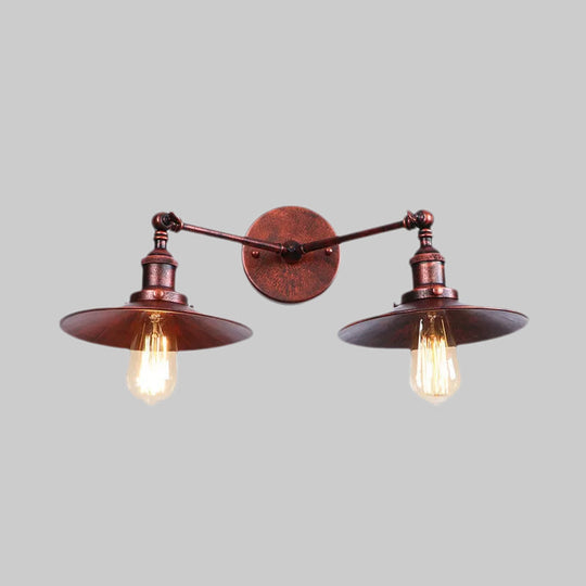 Industrial Style Brass/Rust Metal Wall Mount Fixture With Flat Shade For Corridor - Set Of 2 Bulbs