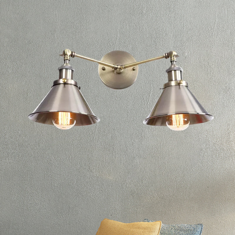 Industrial Vintage 2-Head Farmhouse Wall Mount Light In Black/Brass - Tapered Shade Iron Fixture
