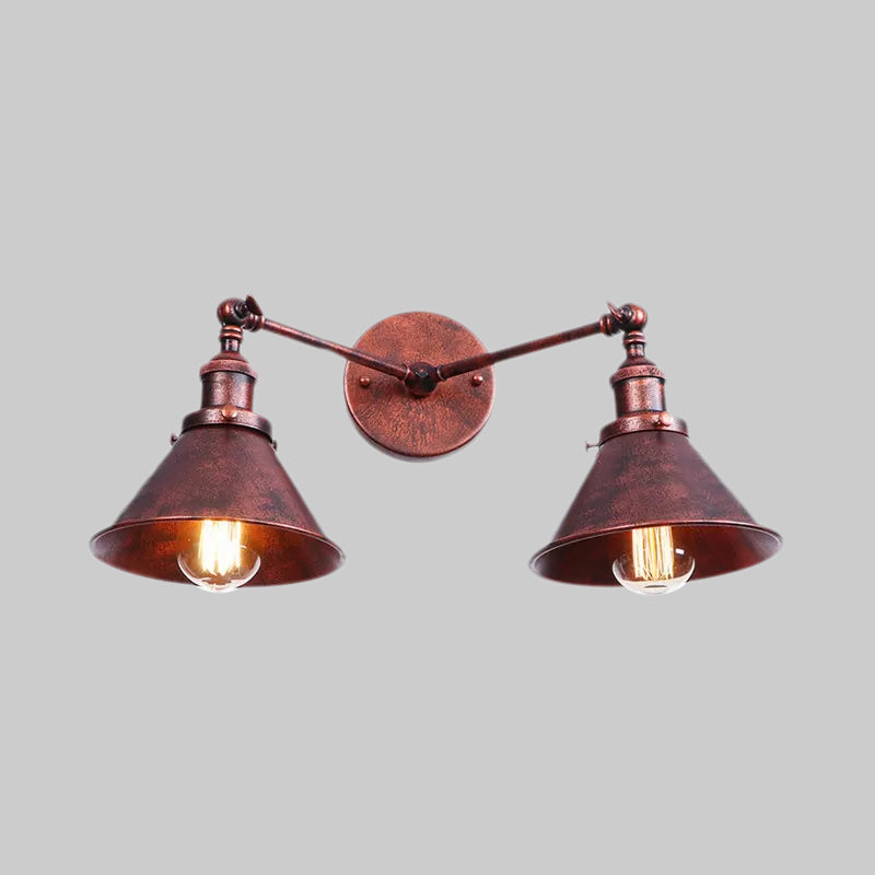 Industrial Vintage 2-Head Farmhouse Wall Mount Light In Black/Brass - Tapered Shade Iron Fixture